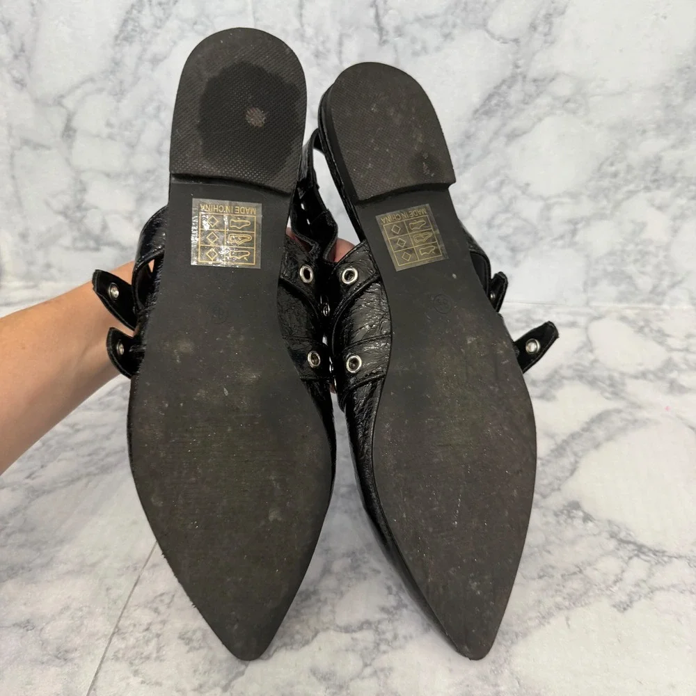 Lucky Step Slingback Flats 8.5 Black Grommet Buckle Pointed Toe Patent Edgy Punk